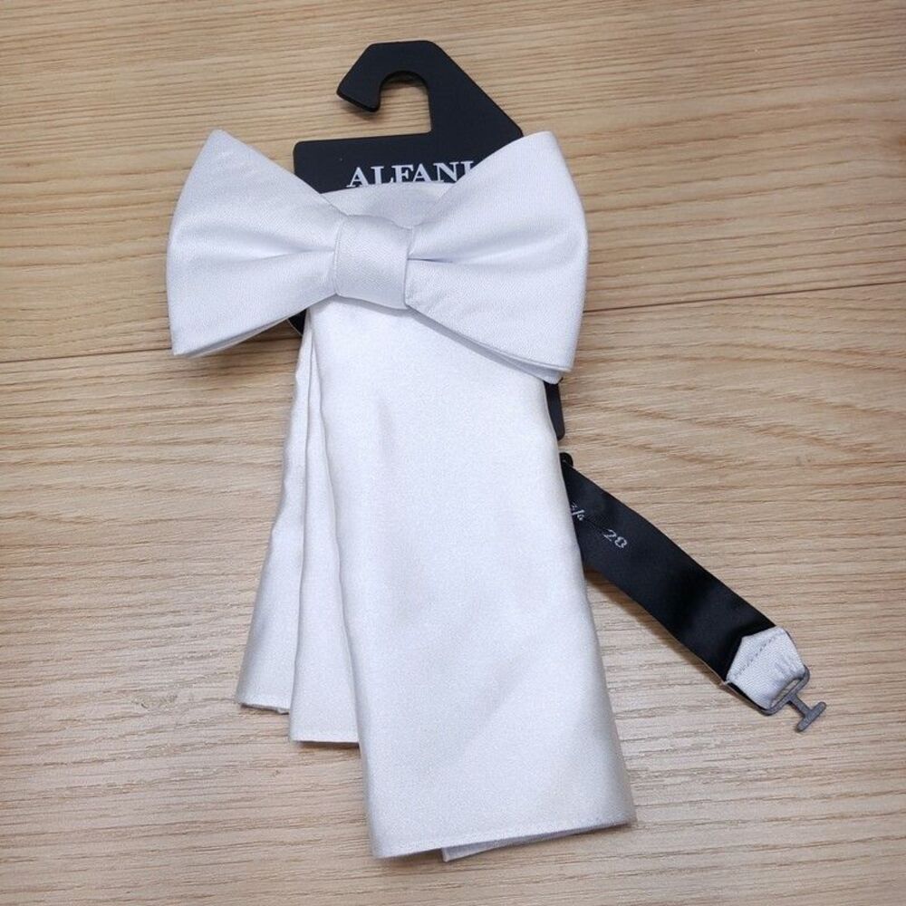 ALFANI Mens Bow Tie & Pocket Square White Matching Set Pre-Tied Bowtie